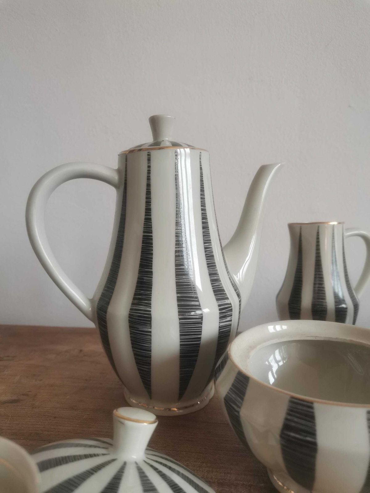 Coffee Set Pots, Jugs, Bowl, Plate Rare Gold Rimmed Coffee Tea Cups Set Fine Porcelain, Collection Multi Set Black White 60s Kave Cafe photo vintage
