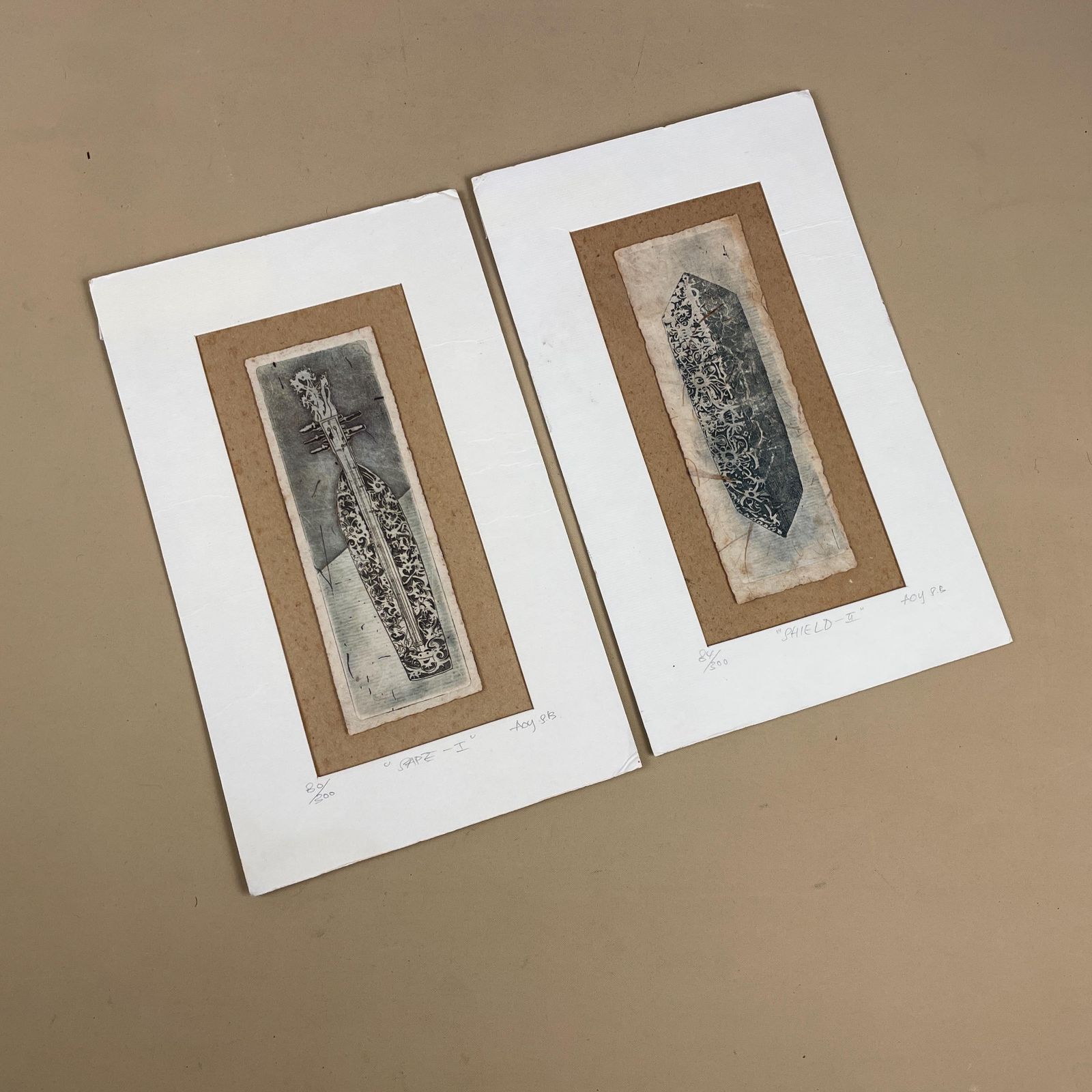 Original Etching Hand Printed Art Borneo Shield & Sape Instrument Ceremonial Small Unframed Mounted Wall Artwork Limited