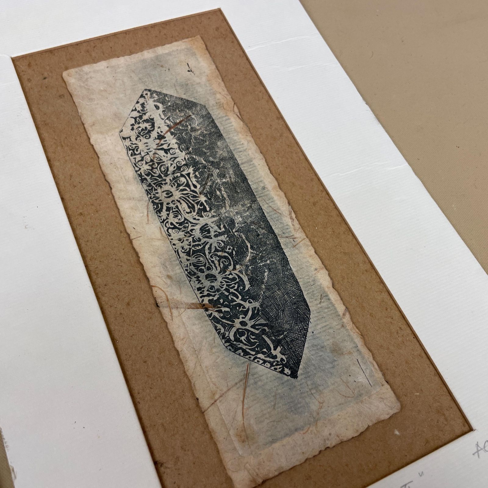 Original Etching Hand Printed Art Borneo Shield & Sape Instrument Ceremonial Small Unframed Mounted Wall Artwork Limited photo vinterior