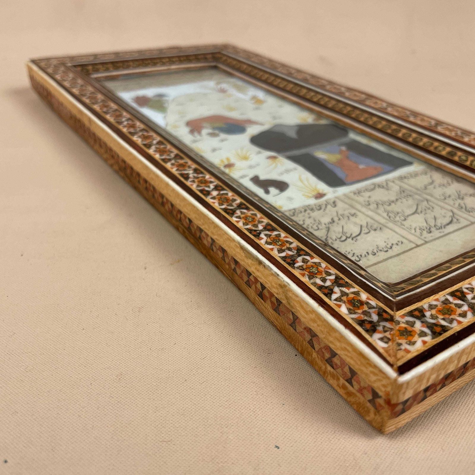 Indian Marquetry Picture With Detailed Patterned Wooden Frame Handmade Rectangle 30x15cm Artwork Art Freestanding photo vinterior