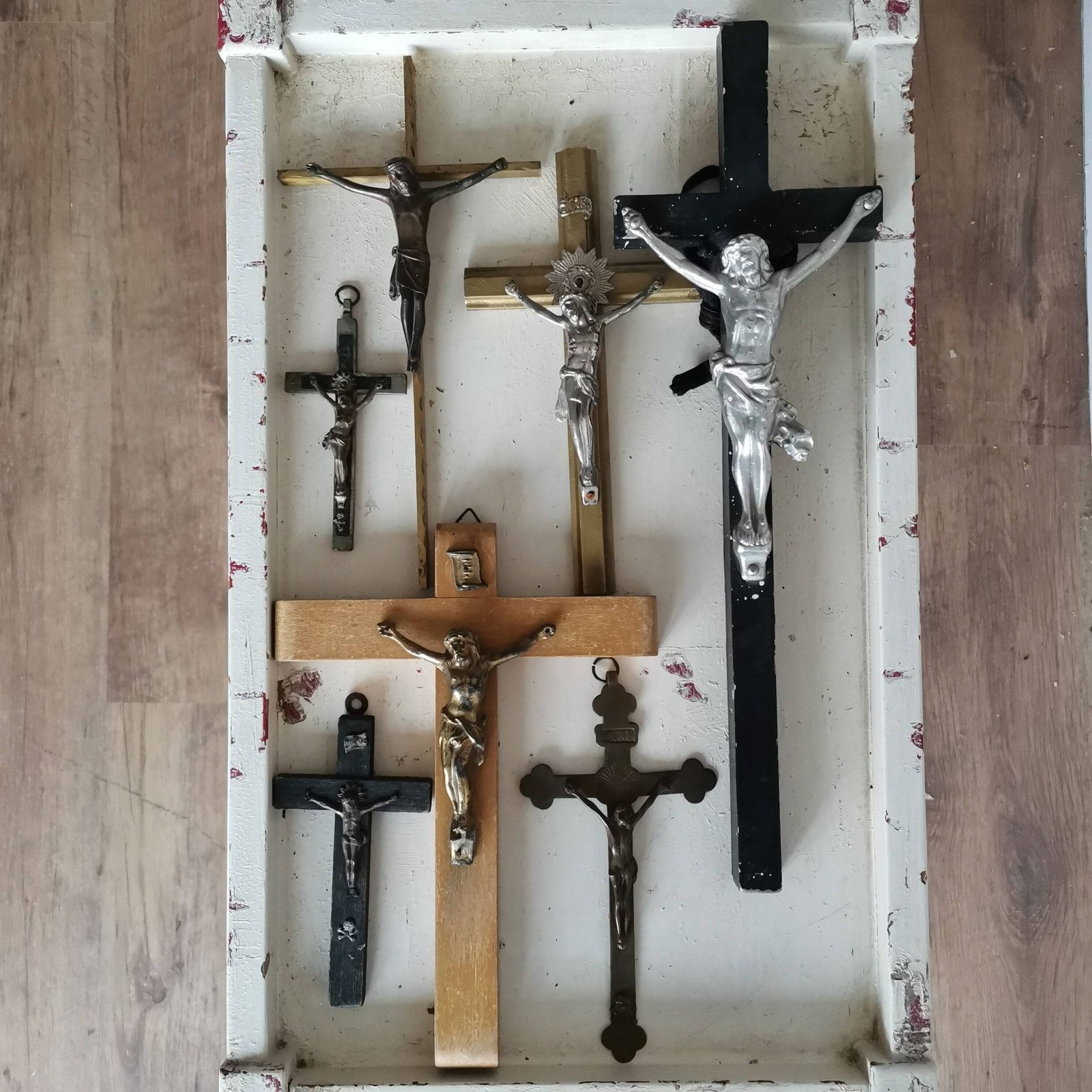 Vintage Crucifix / Cross, With Detailed Metal, Jesus, Antique From Home Chapel Religious Collectible Mounted On Wood photo for sale