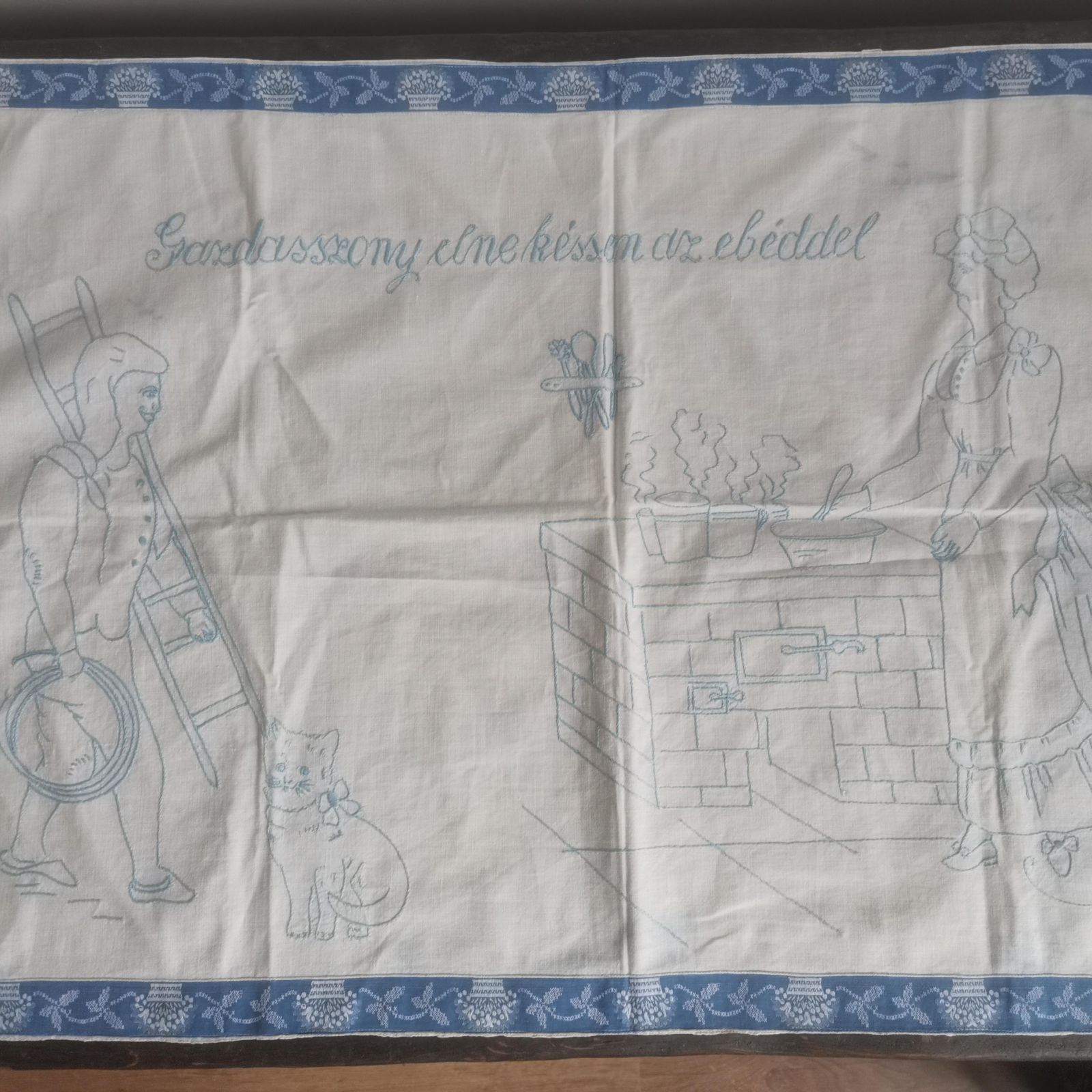 Mastress, Don’t Be Late With Lunch!   Quirky And Witty Hungarian Folk Fusion Hand And Machine Embroidered Cotton Wall Cover photo furniture