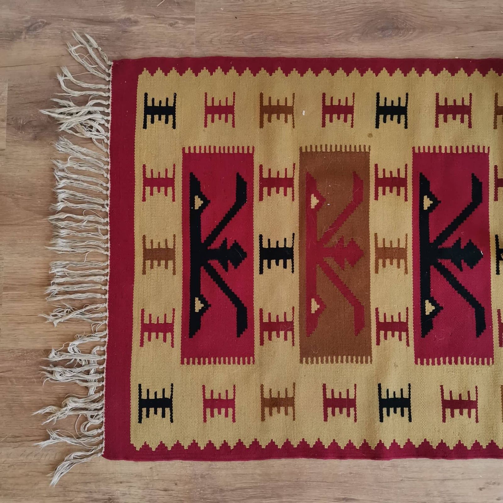 Big Wall Hanging, Rug Hungarian Hand Weaved Kiln 60's Wall Fabric. Vintage Bold Bright Home Decor, Rich Colours, Brown, Red, Cream photo Textiles
