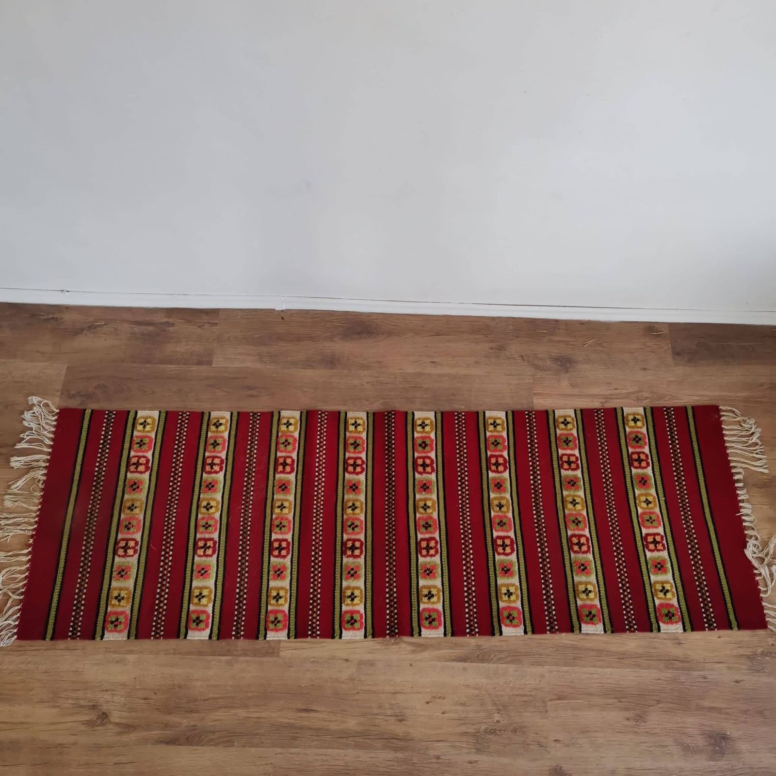 Big Wall Hanging Turkish Styled Hand Weaved Kiln 60's Wall Fabric. Vintage Bold Bright Home Decor, Dero Colours, Brown, Red, Green, photo for sale