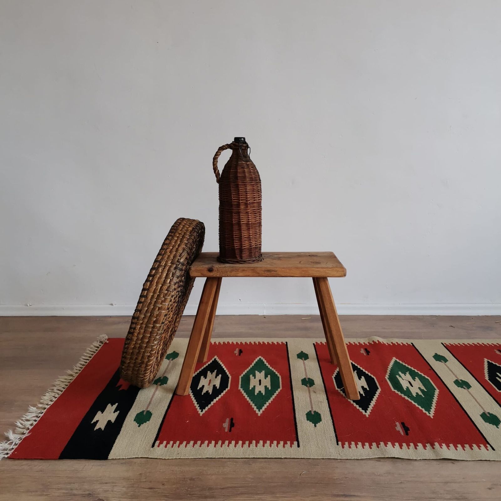 Wall Hanging Turkish Styled Hand Weaved Kiln 60's Wall Fabric. Vintage Bold Bright Home Decor, Bold Colours, Cream, Red, Green, Black photo vintage
