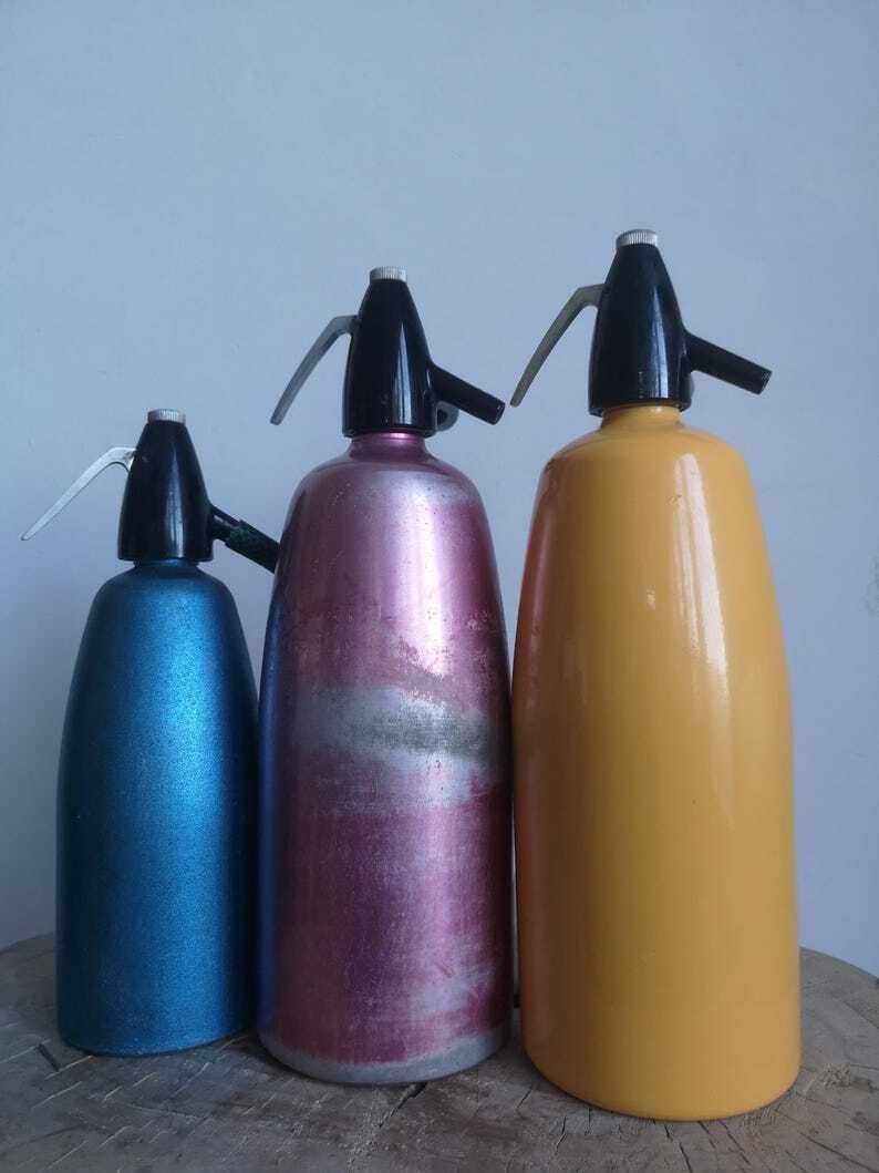 Bold Bright Seltzer Soda Bottles X 3 Rainbow Collection Blue, Pink, Yellow, Bar Kitchen Equipment Decor Siphon, Hungarian photo Home Decor
