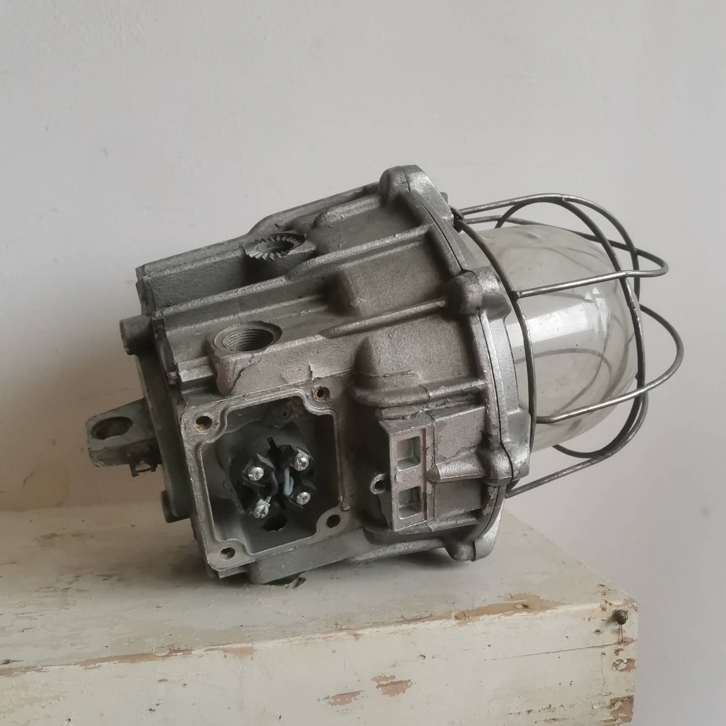 photo buy Large Vintage Bulkhead, Loft, Factory, Industrial Light Fixture. Heavy Cast Shatter Proof Kitchen Lighting Statement Piece Chrome Steel