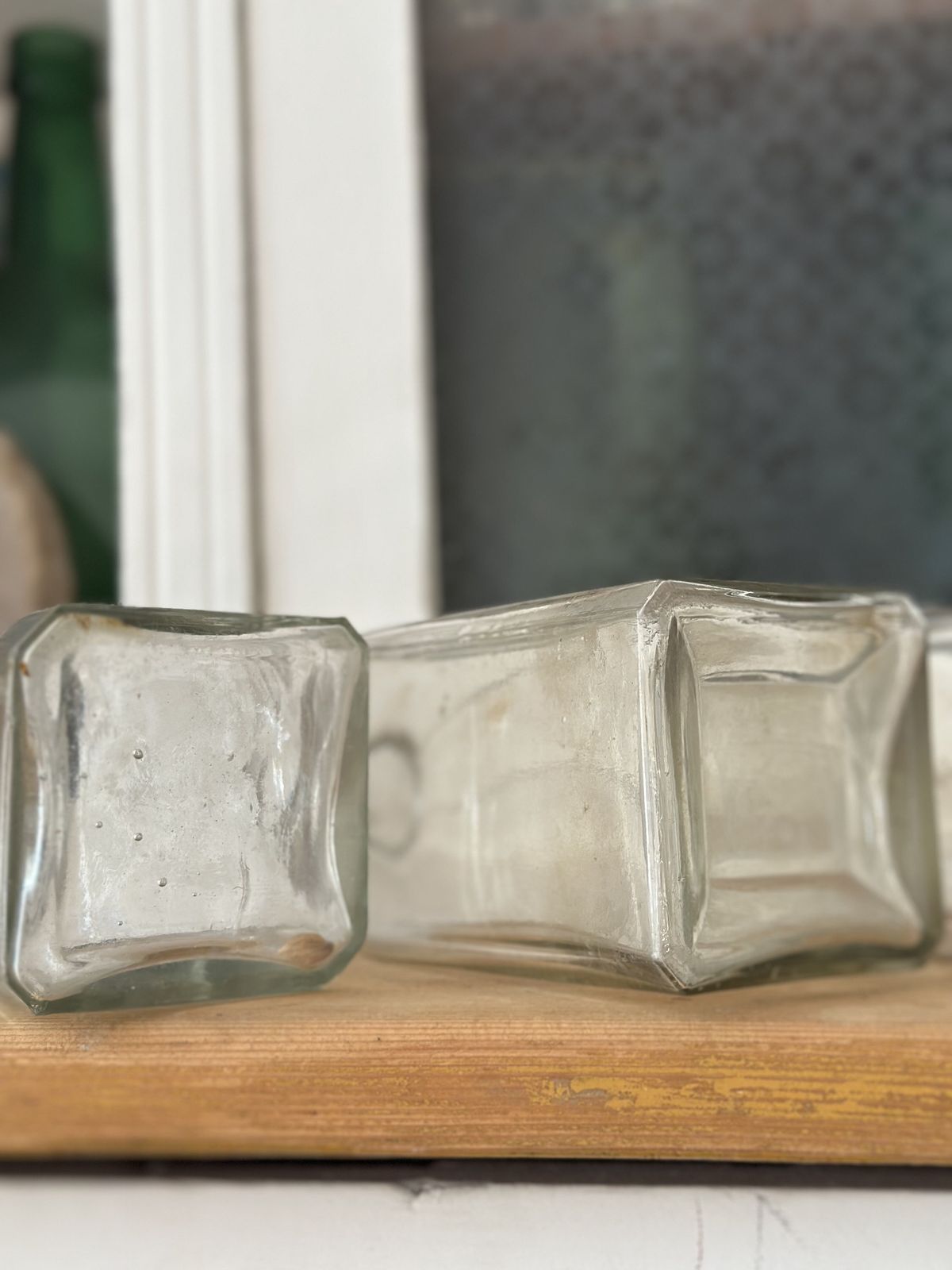 Budapest Crafted Antique Glass Bottle Set   Rare Square Shaped Trio For Timeless Floral Displays Unique Collectibles History And Elegance! photo Home Decor