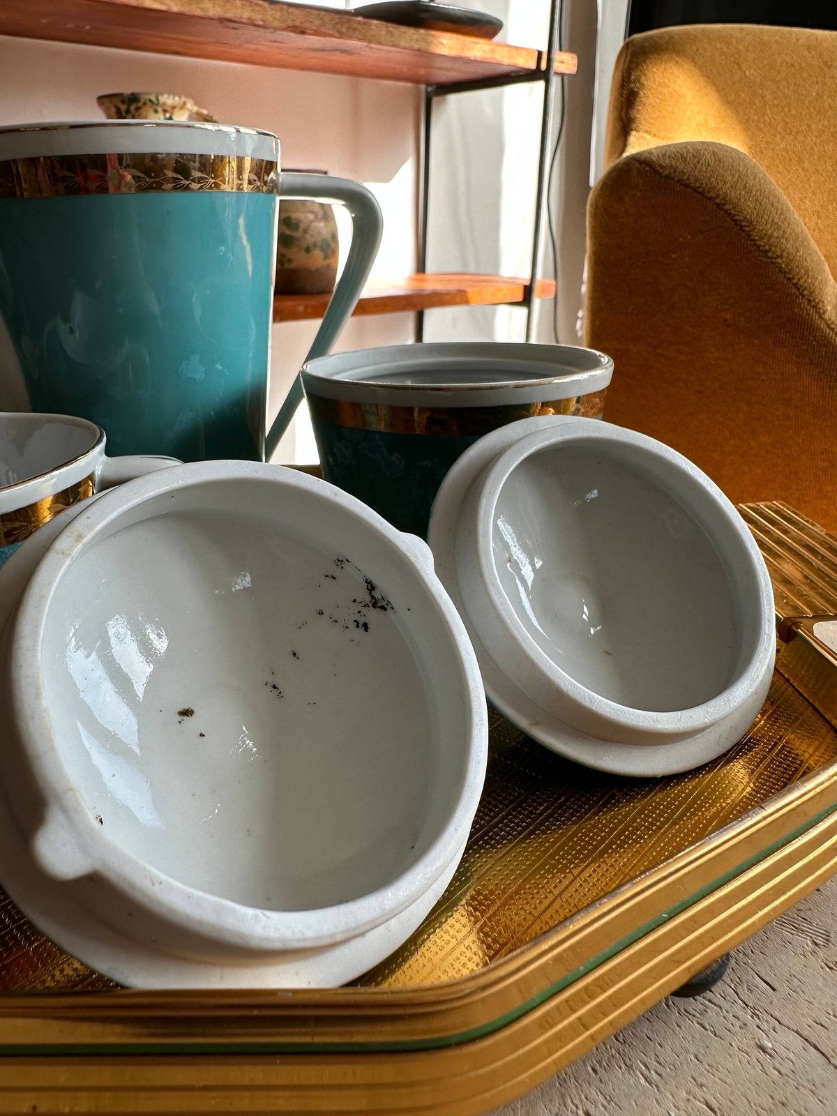 Coffee Set Cups Rare Hollohaza Hungarian Gold Rimmed Coffee Cups Set Fine Porcelain, Collection 11 Piece Set Turquoise Hungarian Colourful photo for sale