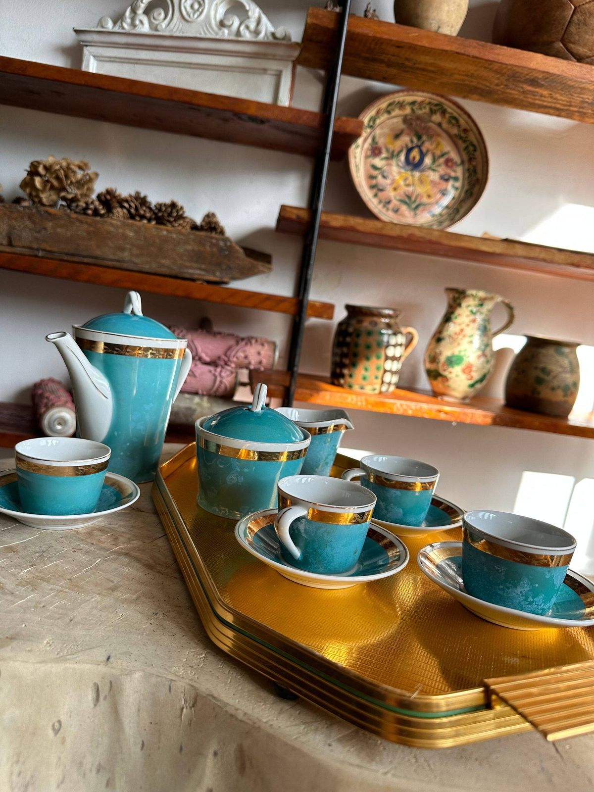 Coffee Set Cups Rare Hollohaza Hungarian Gold Rimmed Coffee Cups Set Fine Porcelain, Collection 11 Piece Set Turquoise Hungarian Colourful photo buy