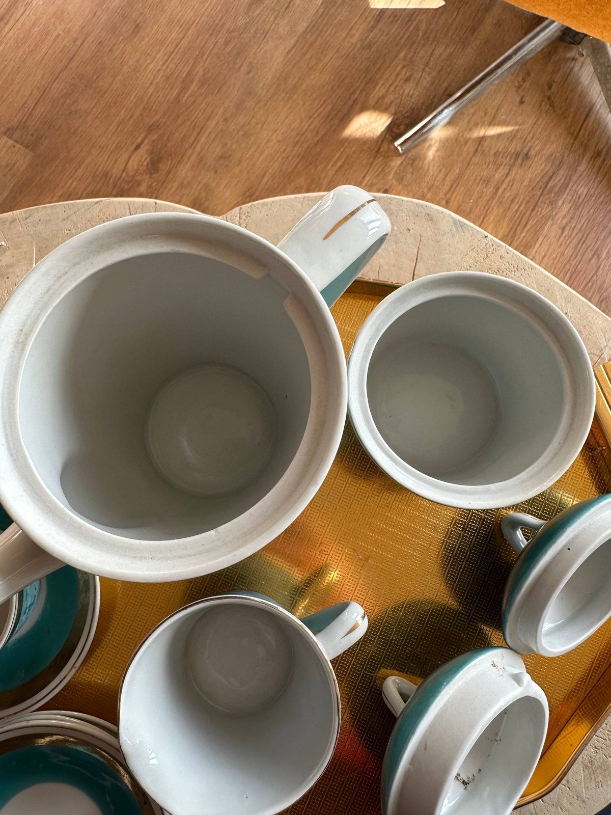 photo for sale Coffee Set Cups Rare Hollohaza Hungarian Gold Rimmed Coffee Cups Set Fine Porcelain, Collection 11 Piece Set Turquoise Hungarian Colourful