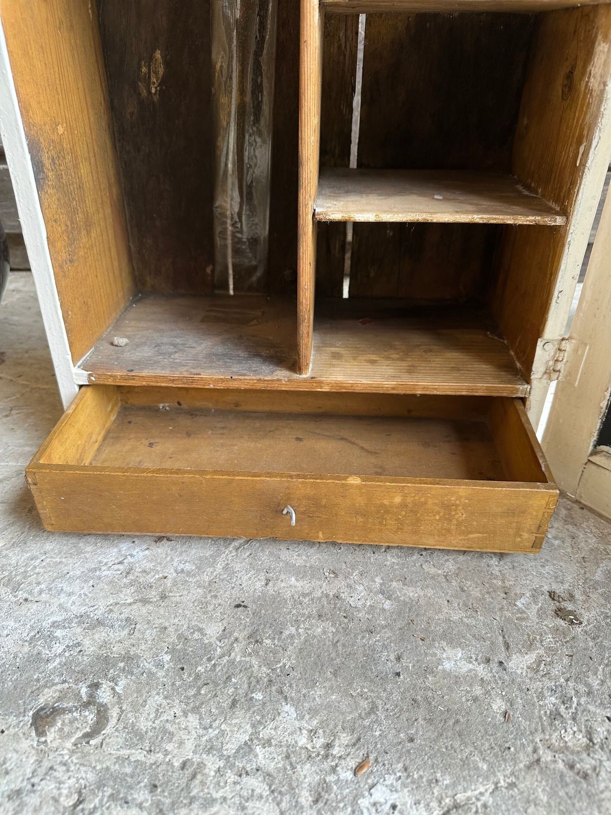 Medical Cabinet Wooden Mirror Chippy White Scratch Built Solid Wood. C1920s Hand Made Hospital Cupboard. Or Kitchen Drinks Food, Trinkets photo vinterior