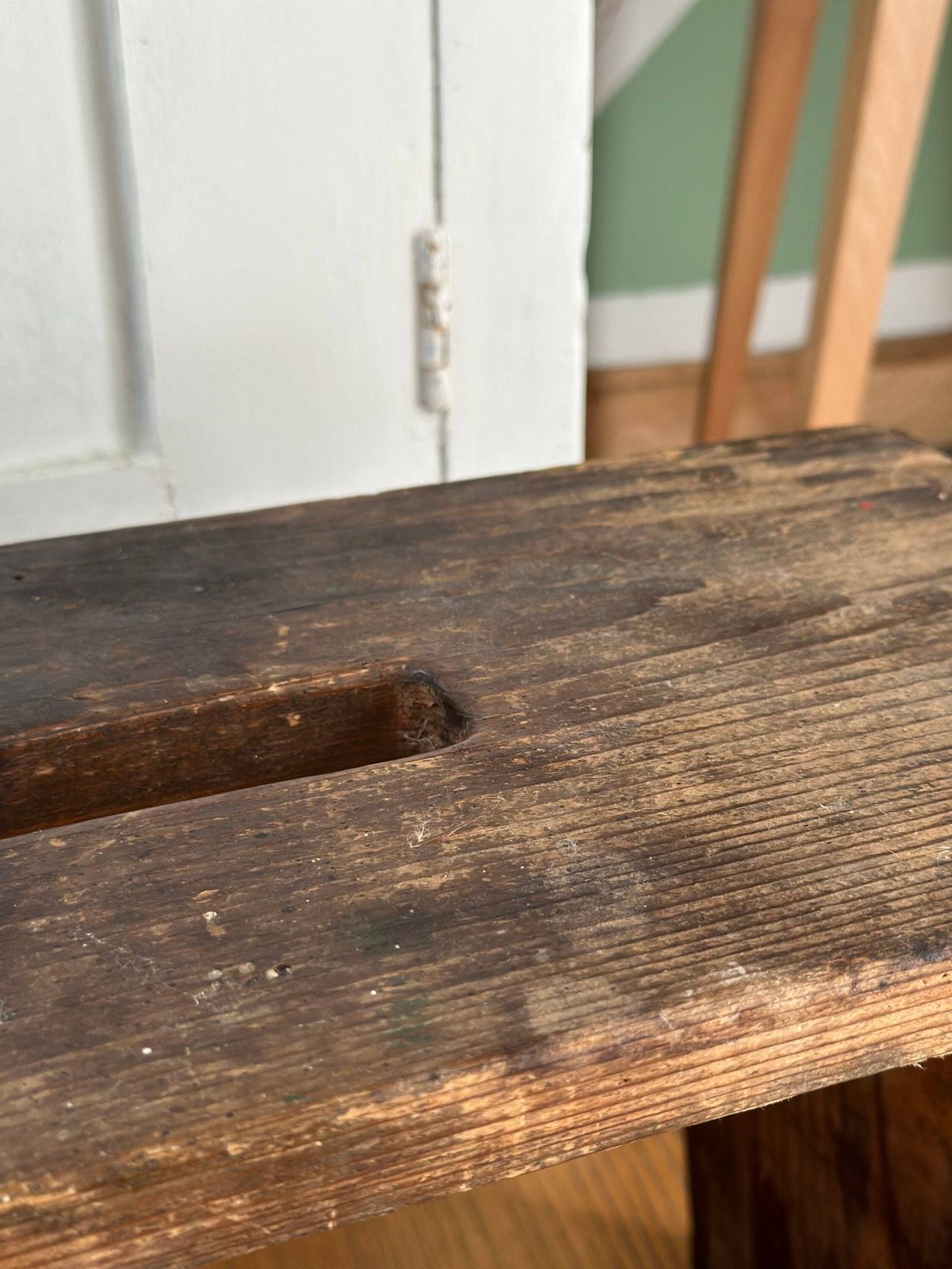 Chippy Scratch Built Antique Wooden Vintage White & Natural Wood Milking Stool Small Table, Rustic Farmhouse Seat Step Cute Pot Stand C1940s photo Furniture