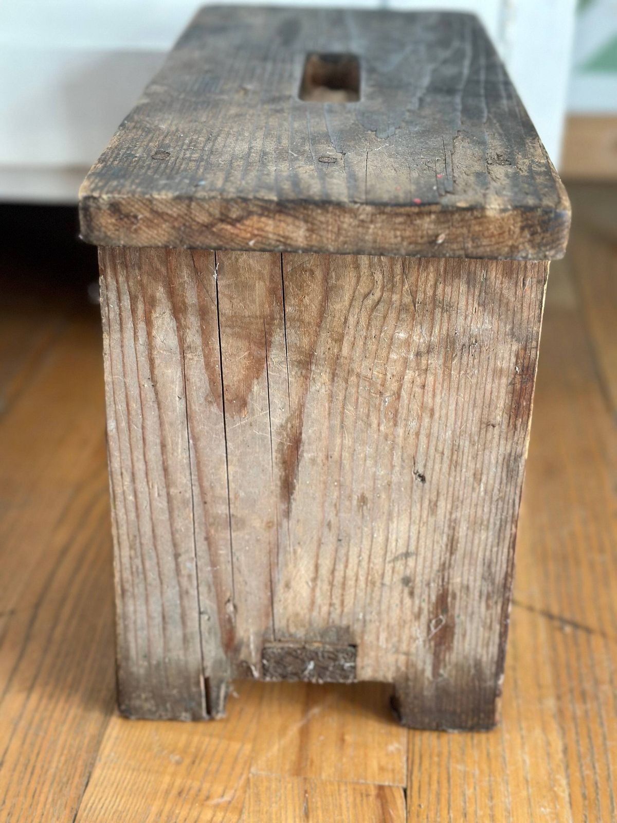 Chippy Scratch Built Antique Wooden Vintage White & Natural Wood Milking Stool Small Table, Rustic Farmhouse Seat Step Cute Pot Stand C1940s photo vintage