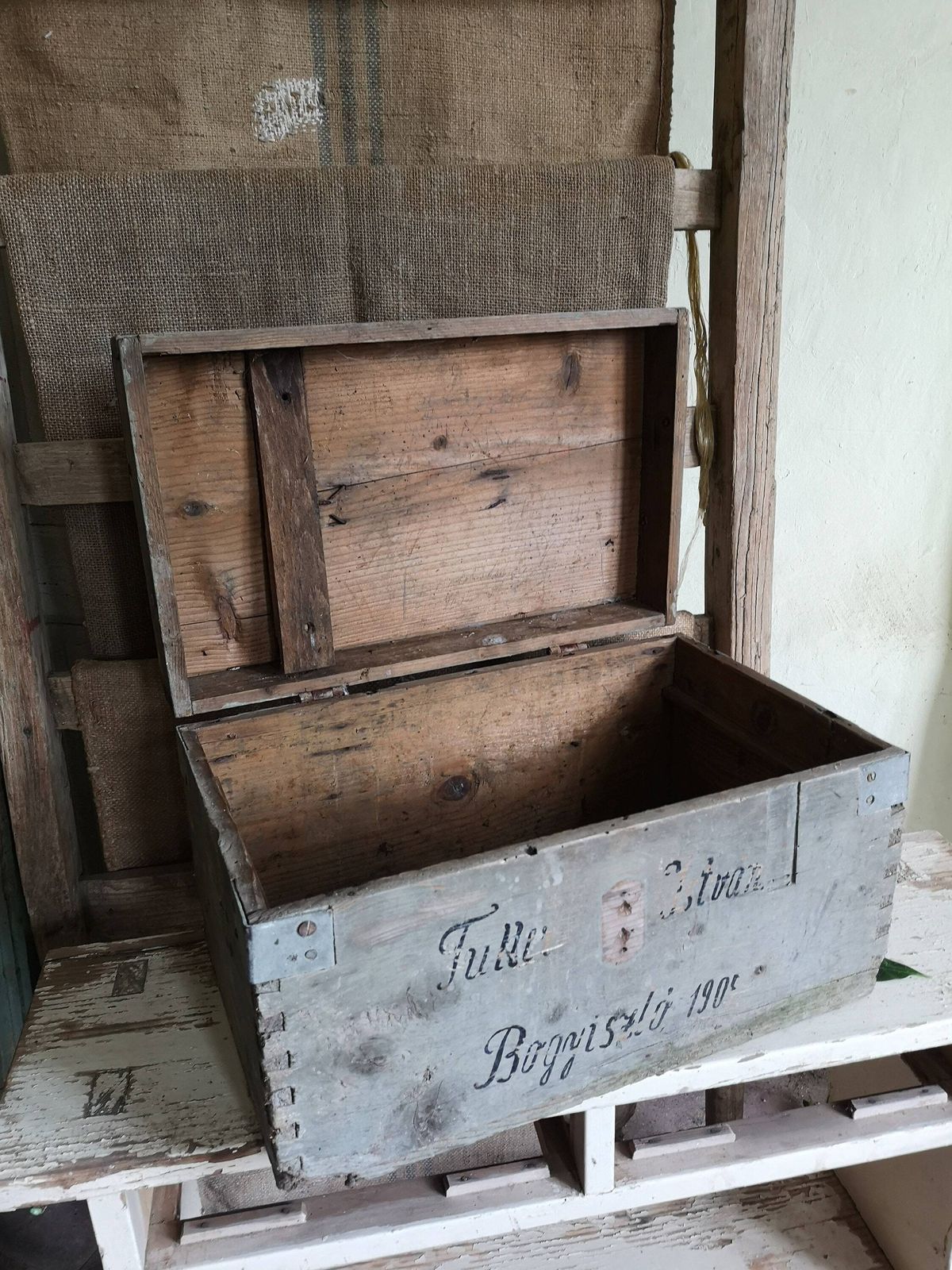 Antique Rustic Wooden Tool Trunk Or Painters Storage Box, Primitive 1900 Workman Box. Hand Crafted From Scratch, Shabby Patina photo for sale