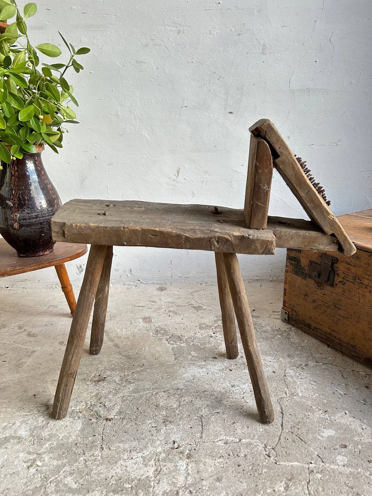 Timeless Heritage: Antique Oak Wool Shredder & Primitive Bench   Handcrafted Elegance For Spinning And Seating Rare Slice Of Farming History photo furniture