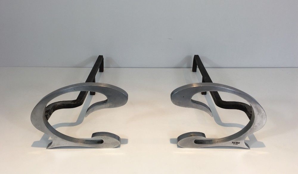 Jean Paul Créations. Pair Of Design Brushed Steel And Iron Andirons. photo 1140.0