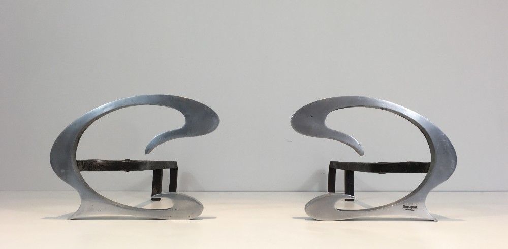 Jean Paul Créations. Pair Of Design Brushed Steel And Iron Andirons. photo vinterior