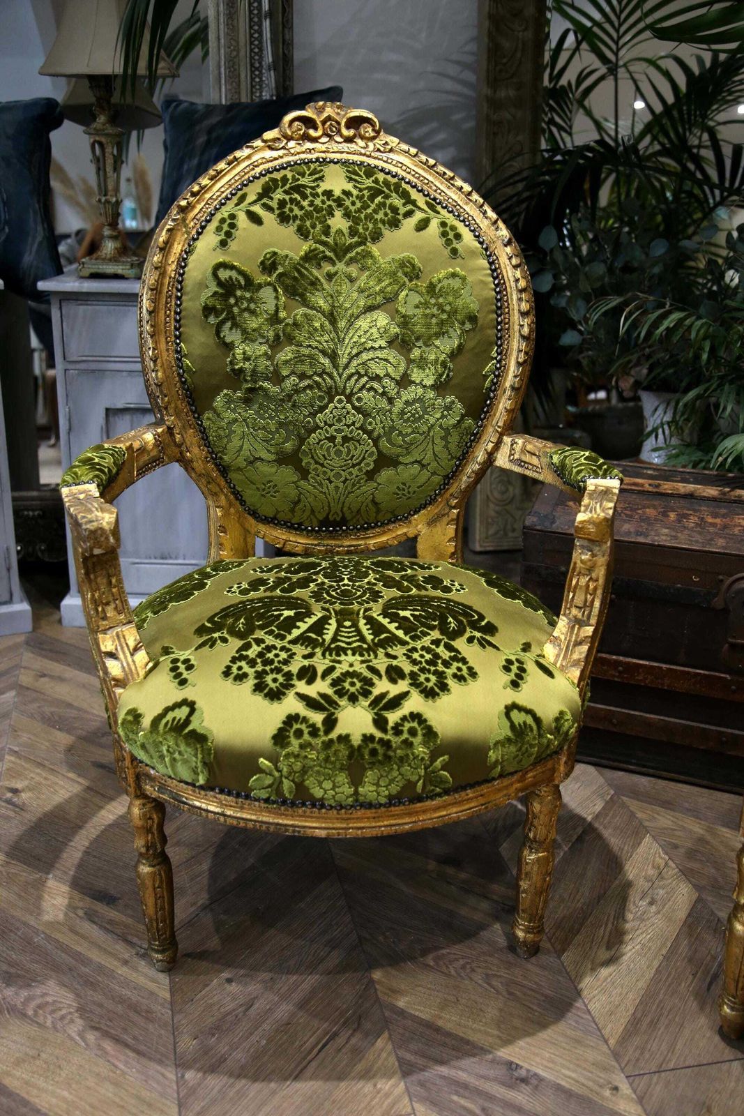 Pair Of King Luis XV Matching Salon Chairs In Rich Green Silk photo for sale