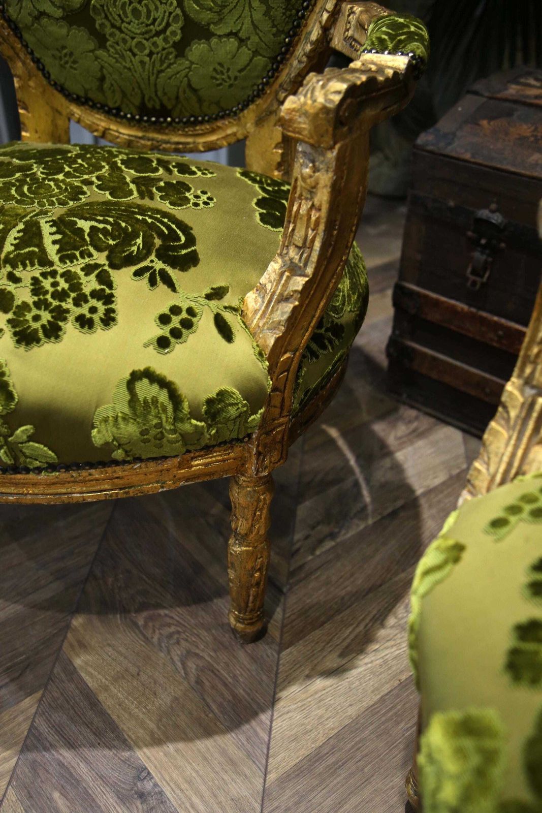 Pair Of King Luis XV Matching Salon Chairs In Rich Green Silk photo 695.0