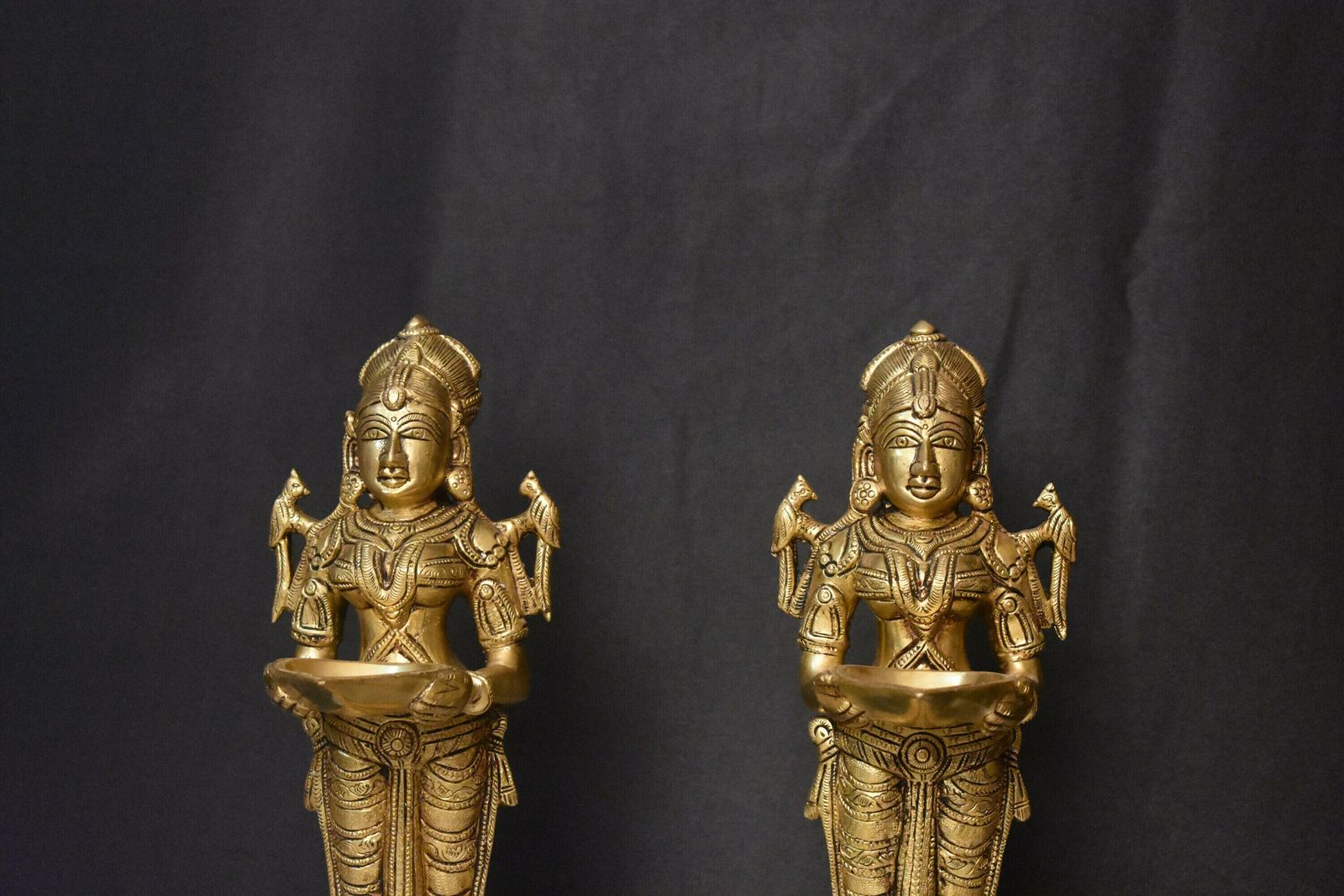 Brass Engraved Twin Lakshmi Goddesses | Handmade Hindu Idols Two Piece Set | Hindu Goddess Of Wealth And Prosperity For Temple Or Home Decor photo furniture