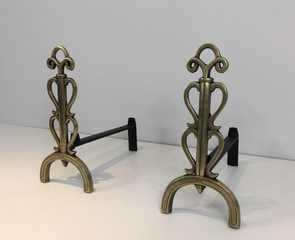 In The Style Of Raymond Subes. Bronze And Iron Andirons. Signed. photo furniture