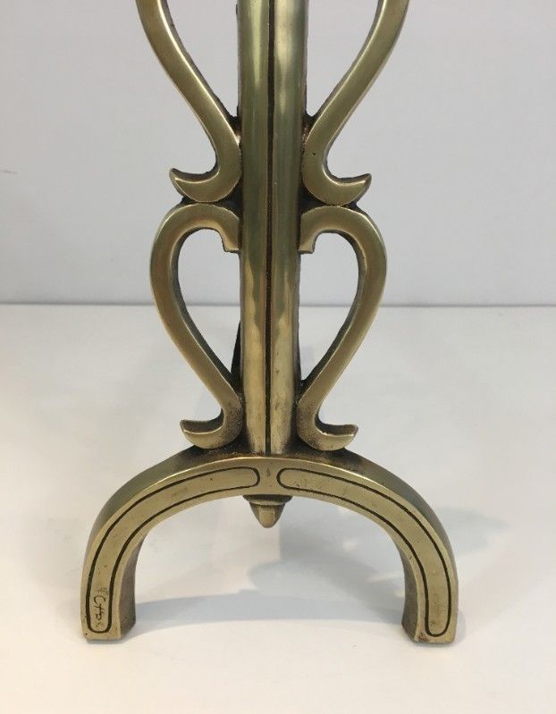 In The Style Of Raymond Subes. Bronze And Iron Andirons. Signed. photo buy