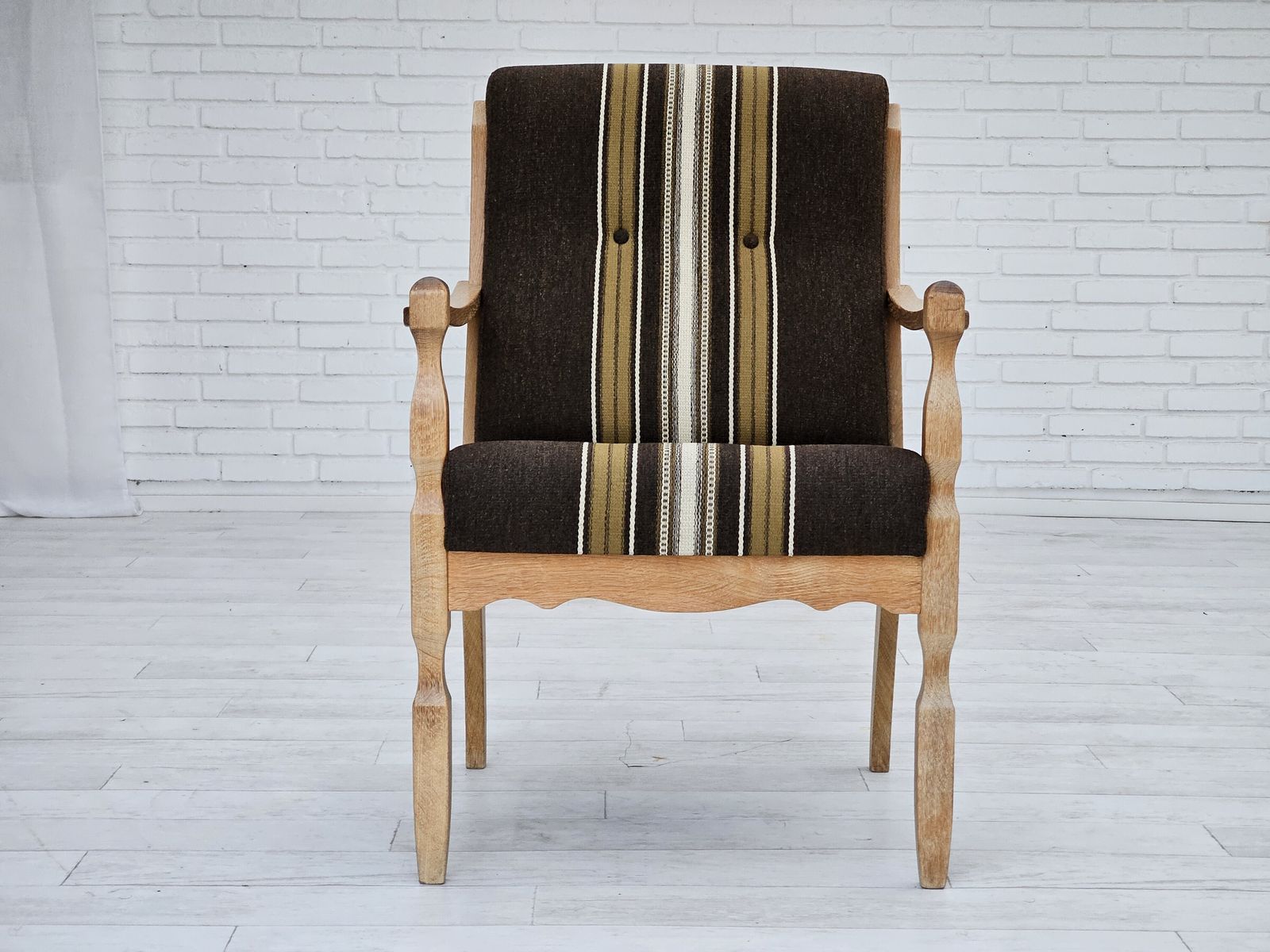 1970s, Danish Armchair, Furniture Wool, Solid Oak Wood, Original Very Good Condition. photo furniture
