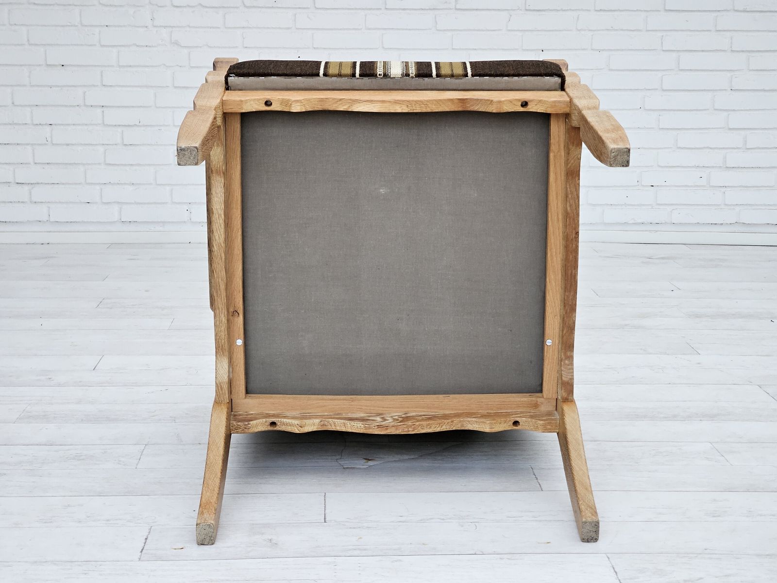 1970s, Danish Armchair, Furniture Wool, Solid Oak Wood, Original Very Good Condition. photo for sale