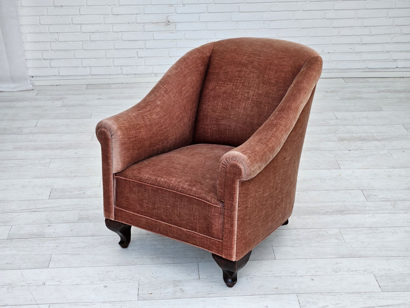 1960s, Danish Lounge Chair, Salmon Pink Furniture Velour, Ash Wood Legs. photo vintage