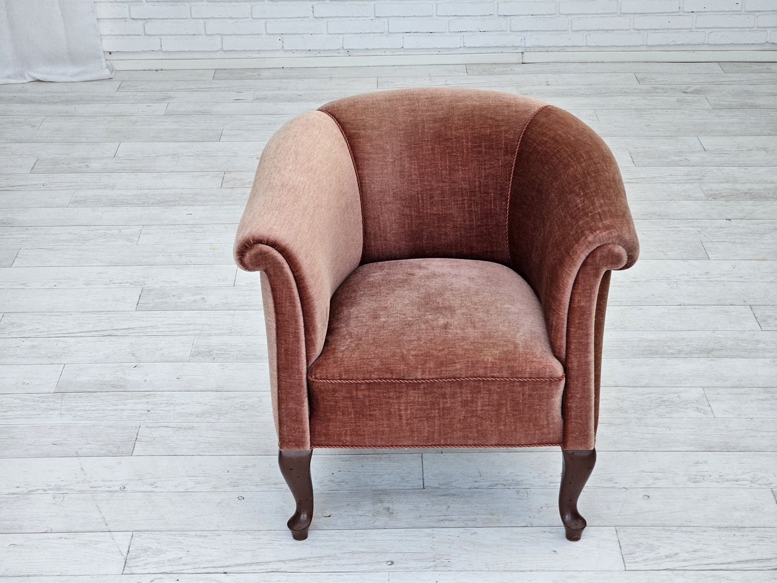 1960s, Danish Lounge Chair, Salmon Pink Furniture Velour, Ash Wood Legs. photo furniture