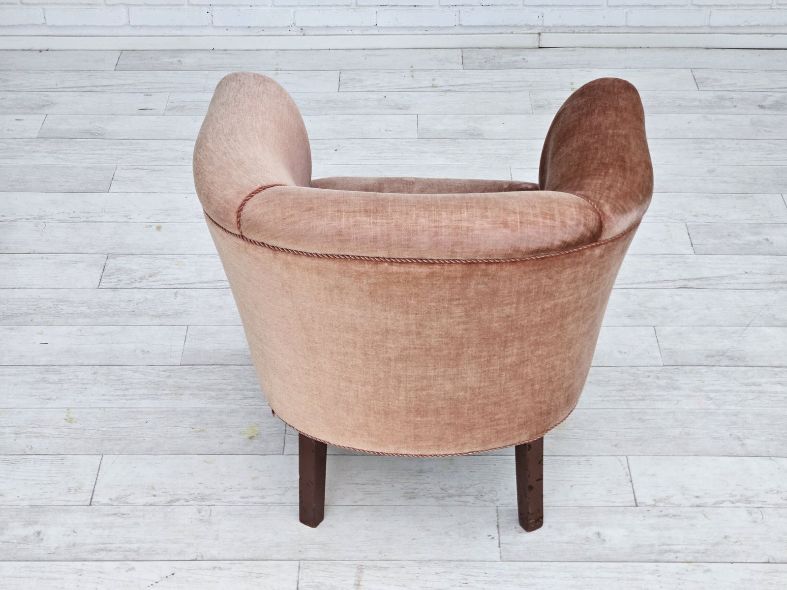 1960s, Danish Lounge Chair, Salmon Pink Furniture Velour, Ash Wood Legs. photo for sale