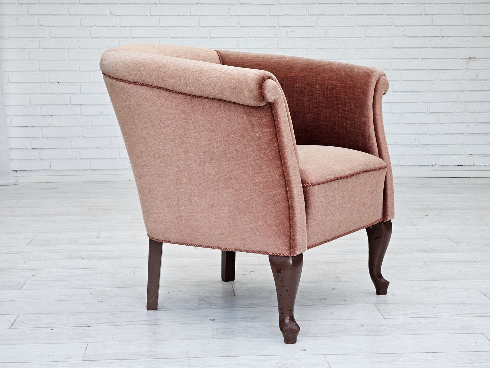 1960s, Danish Lounge Chair, Salmon Pink Furniture Velour, Ash Wood Legs. photo Furniture