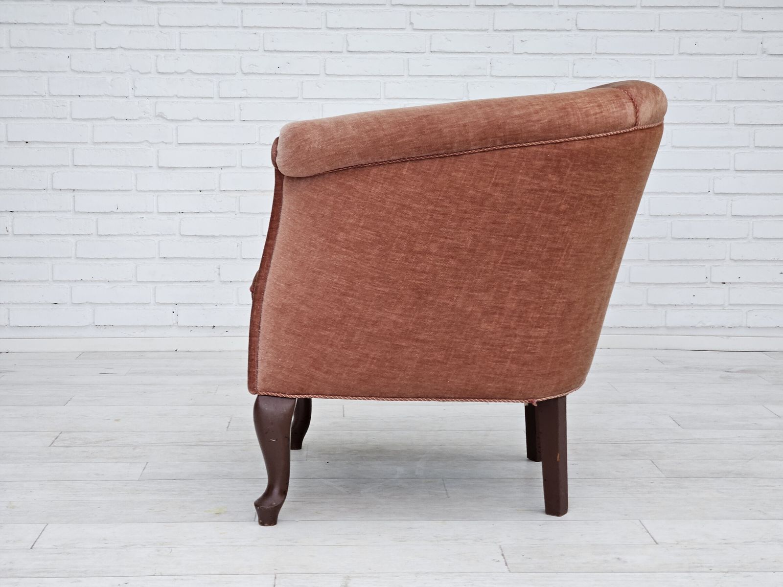 1960s, Danish Lounge Chair, Salmon Pink Furniture Velour, Ash Wood Legs. photo vintage