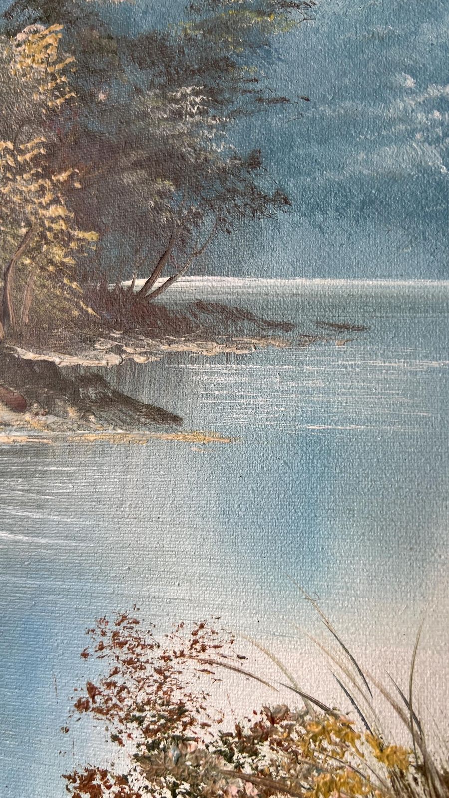 Late 20th Century Oil Painting On Canvas – Serene Riverside Landscape photo vintage