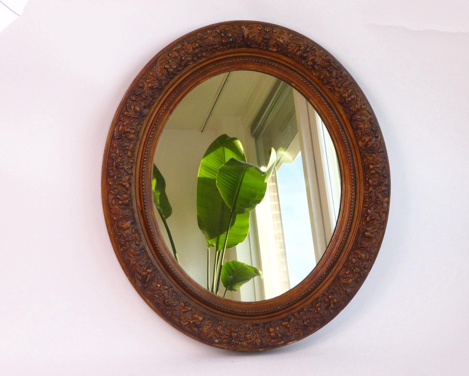 French Antique Oval Ornate Large Wall Mirror, Carved Plaster Mirror With Floral Design, Brown Wall Hanging photo furniture