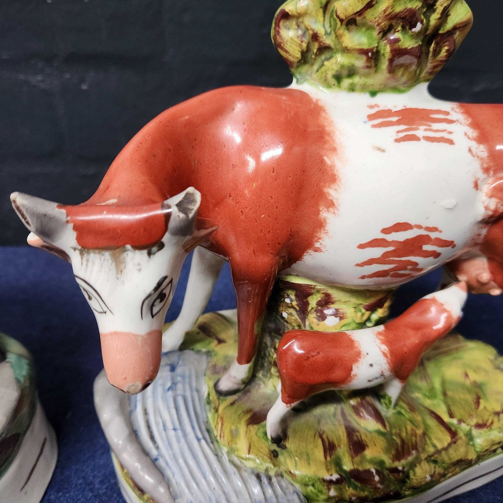 Pair Spill Vases, Victorian Staffordshire Flat Back Cow's With Calf photo vintage