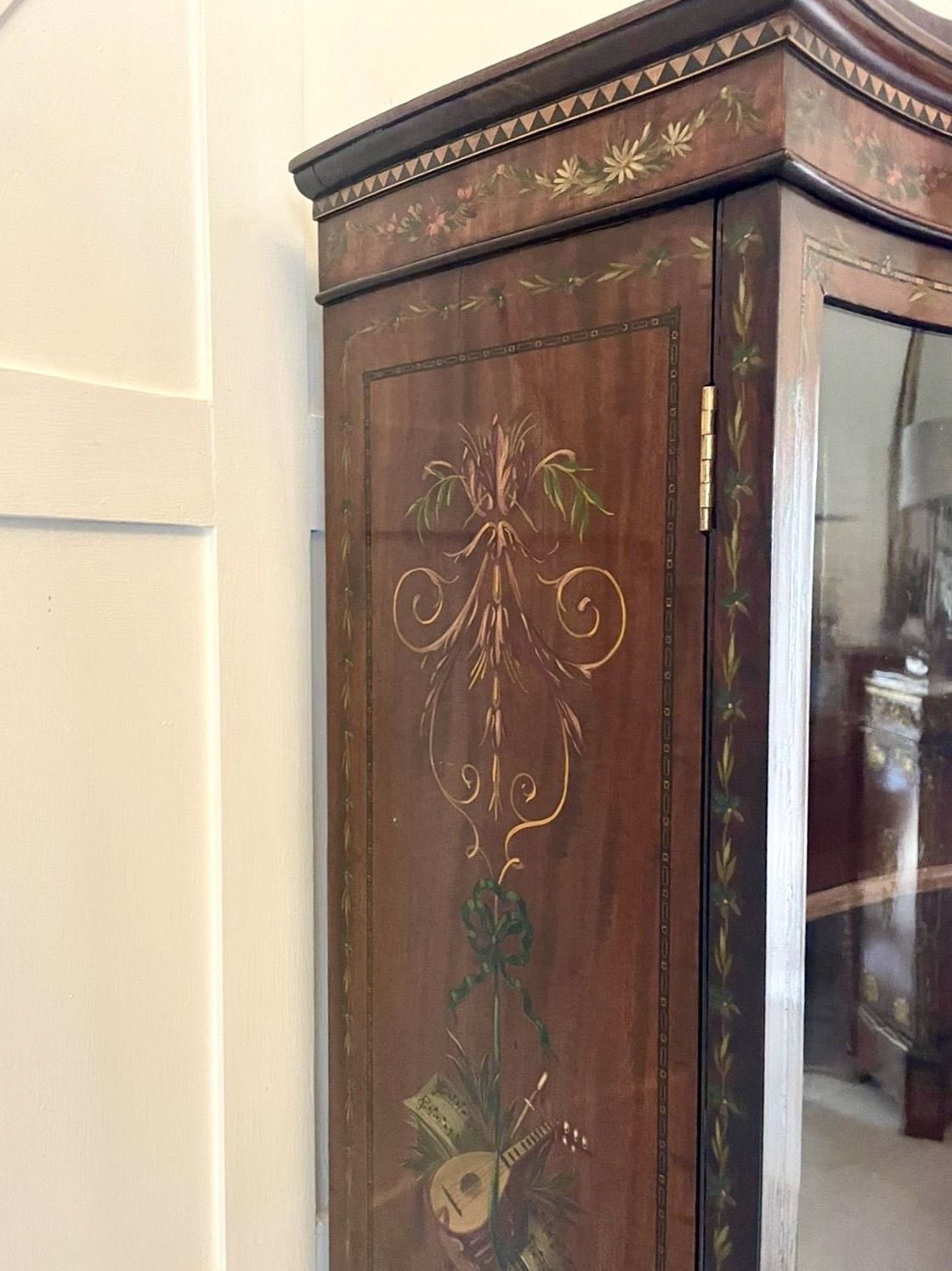 photo furniture Antique 19th Century Quality Mahogany Display Cabinet With Original Painted Decoration