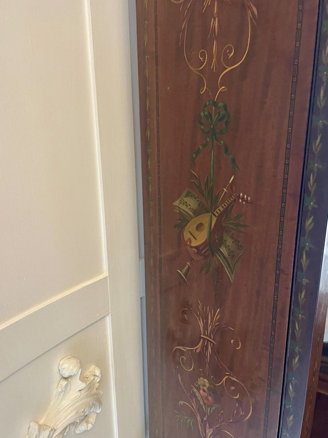 photo buy Antique 19th Century Quality Mahogany Display Cabinet With Original Painted Decoration