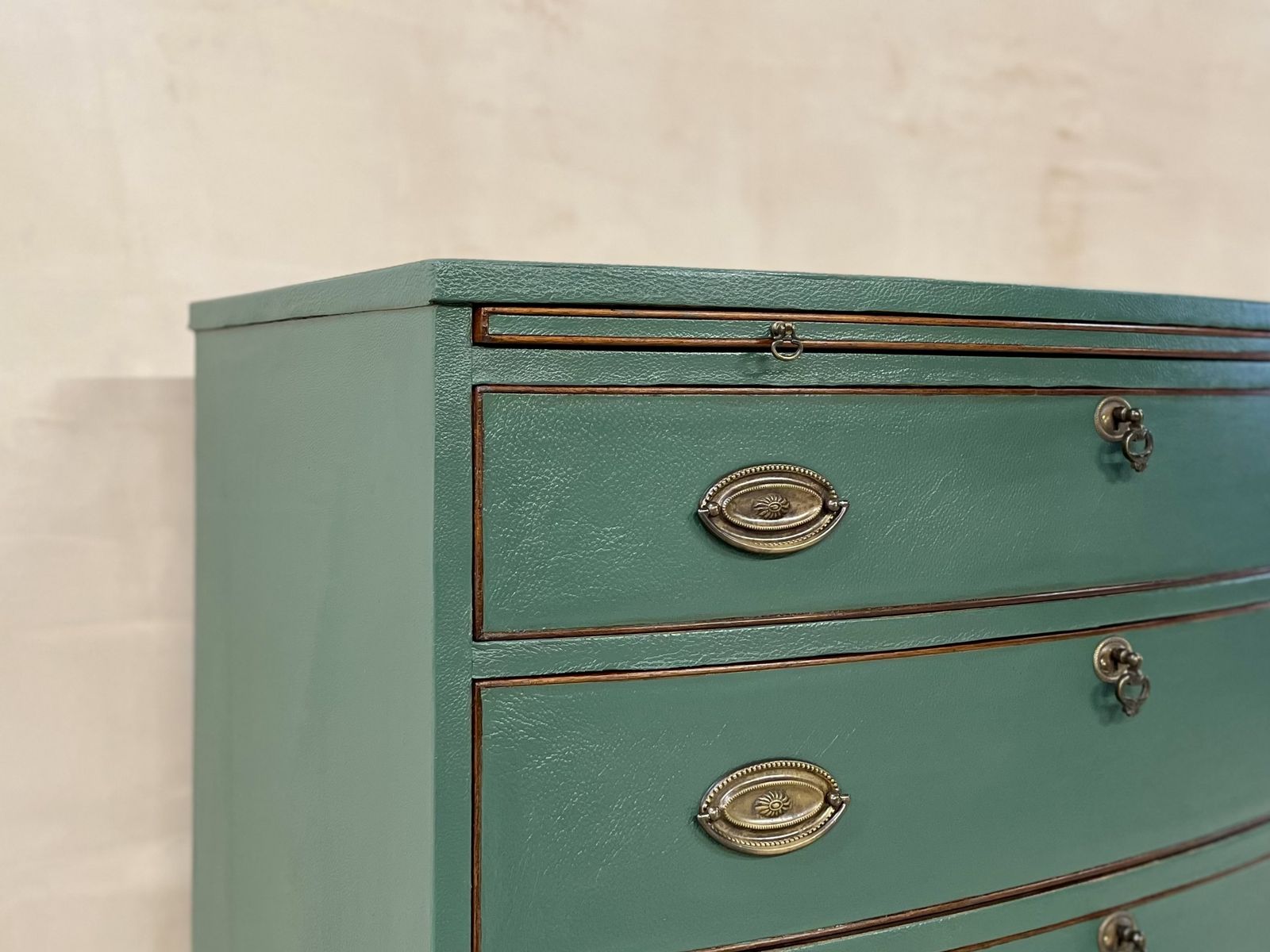 Chest Of Drawers Chest Of Draws Green Leather Bow Fronted photo vintage