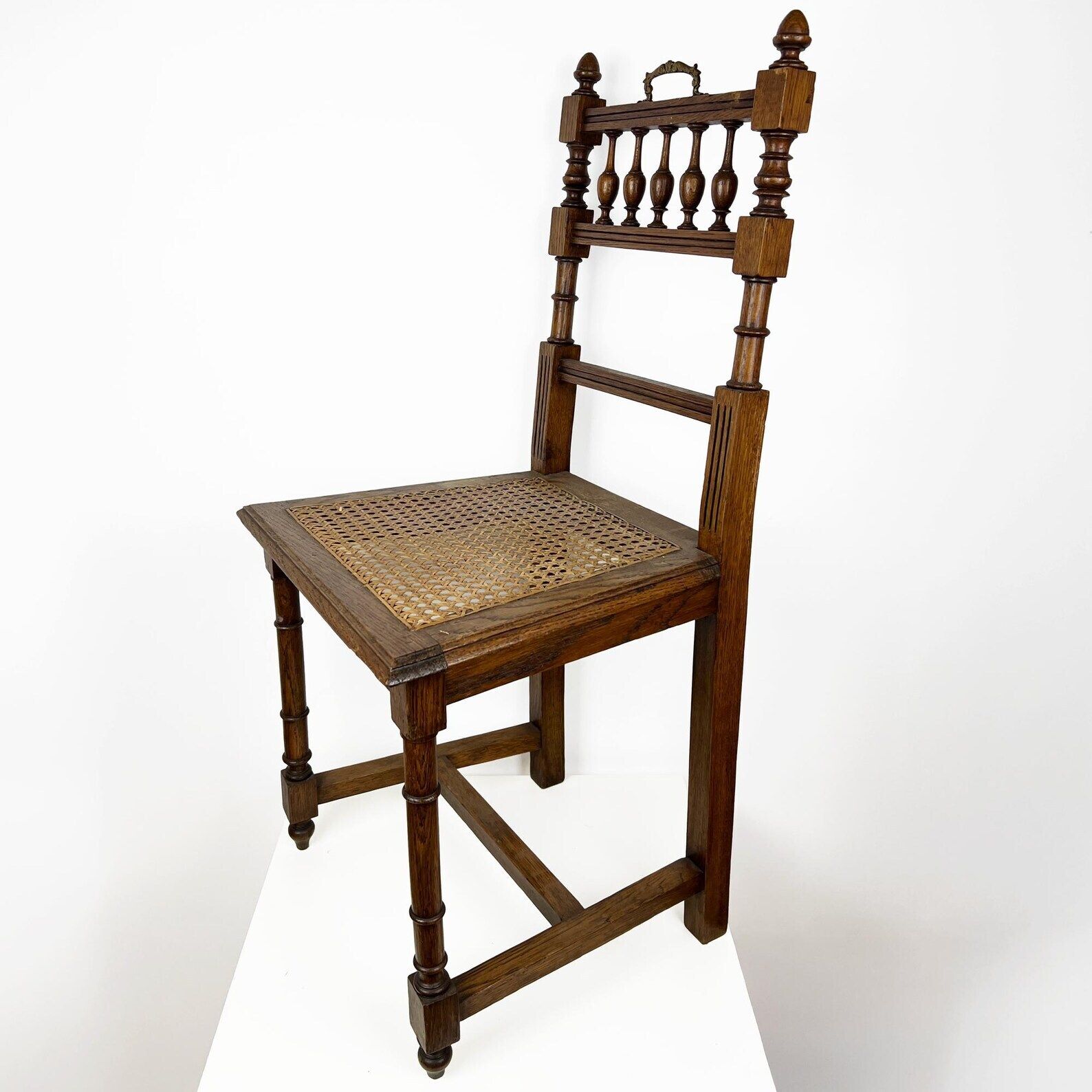 Antique Henry II Oak Chair With Cane Seat, Rattan Carved Wood Side Chair photo furniture