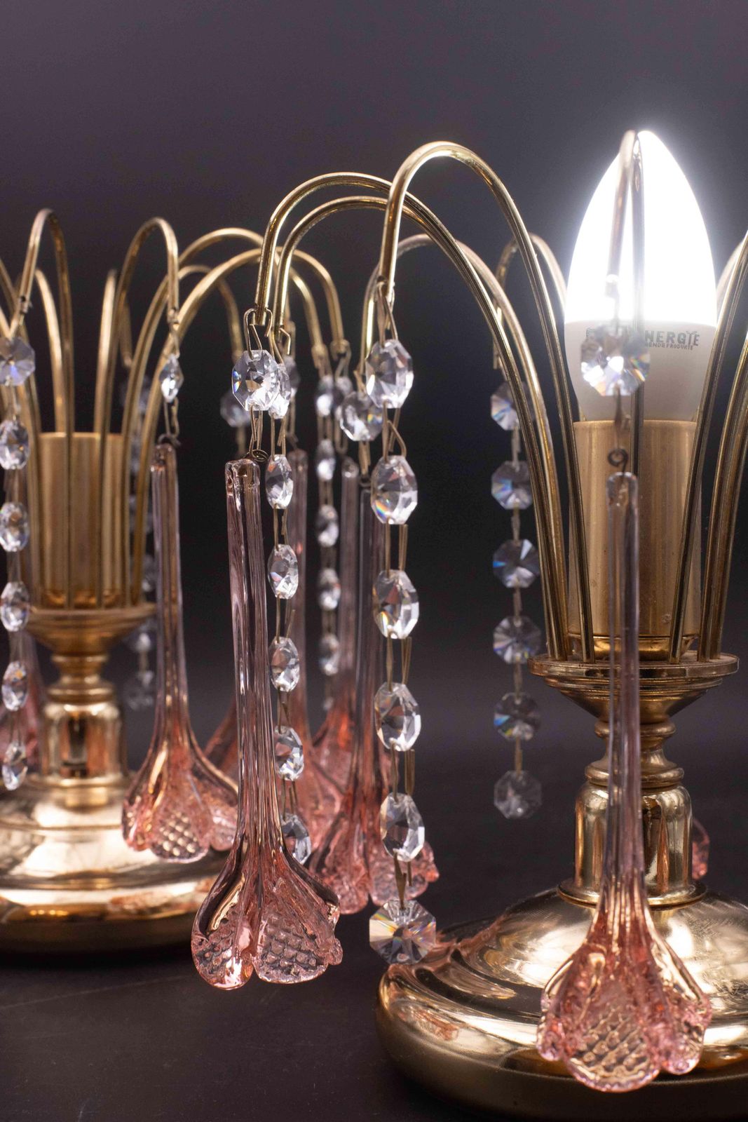 935.0 Set Of 2 Brigitte Bardot, Pink Drops Crystal And Murano Glass Table Lamp, 1980s photo