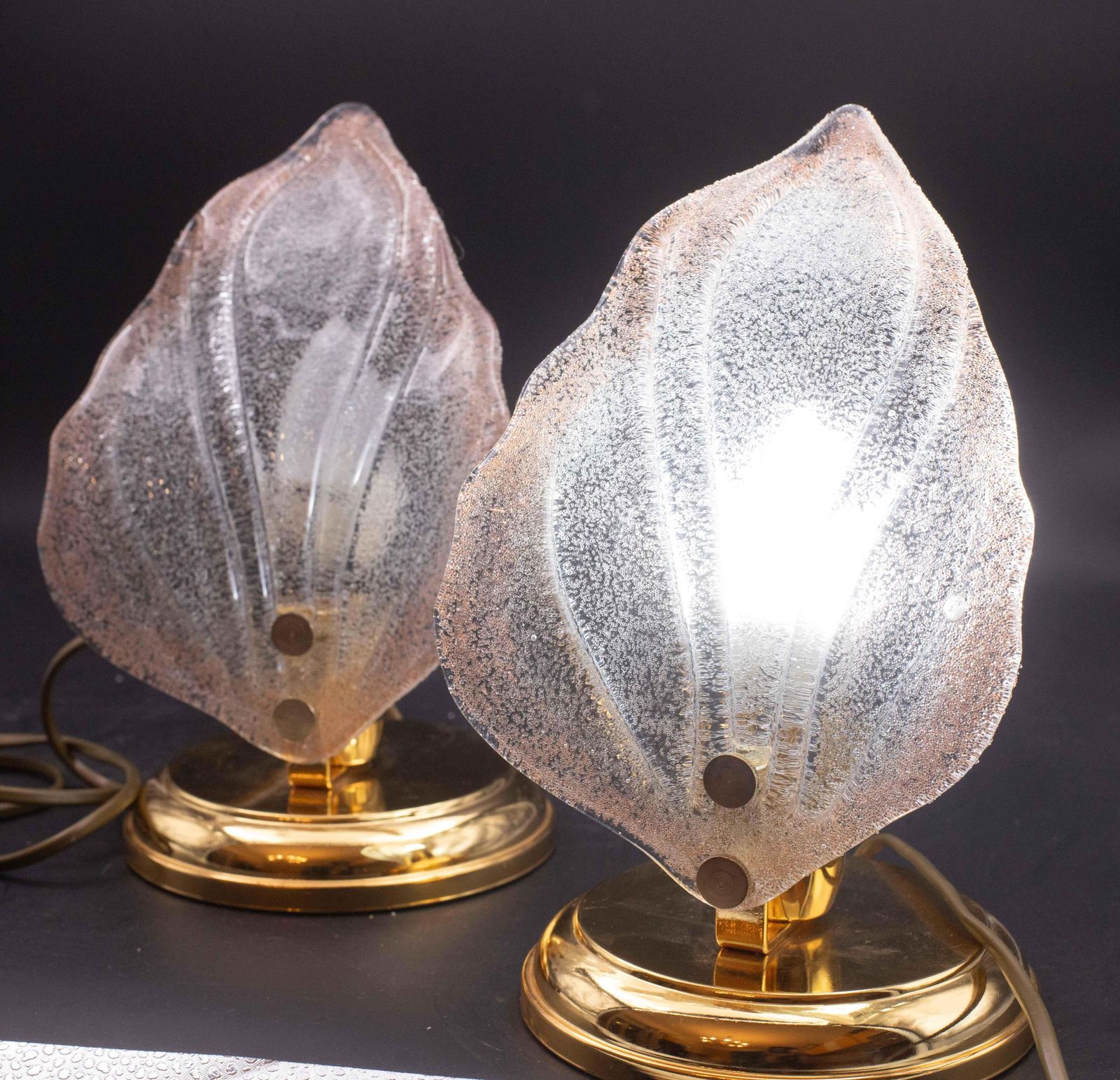 Set Of 2 Pink Murano Glass Leaves Table Lamp, 1980s photo for sale