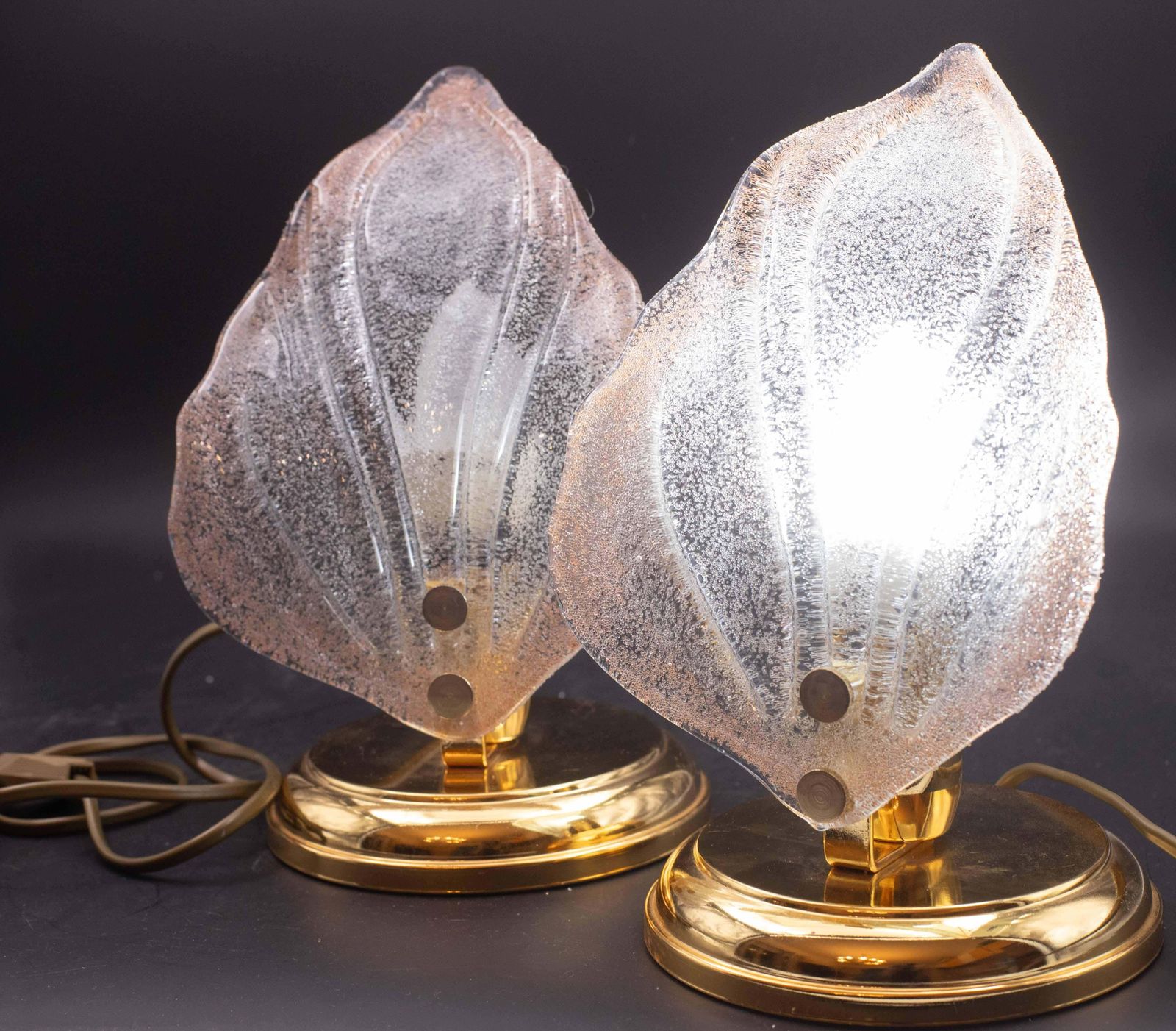 photo vinterior Set Of 2 Pink Murano Glass Leaves Table Lamp, 1980s