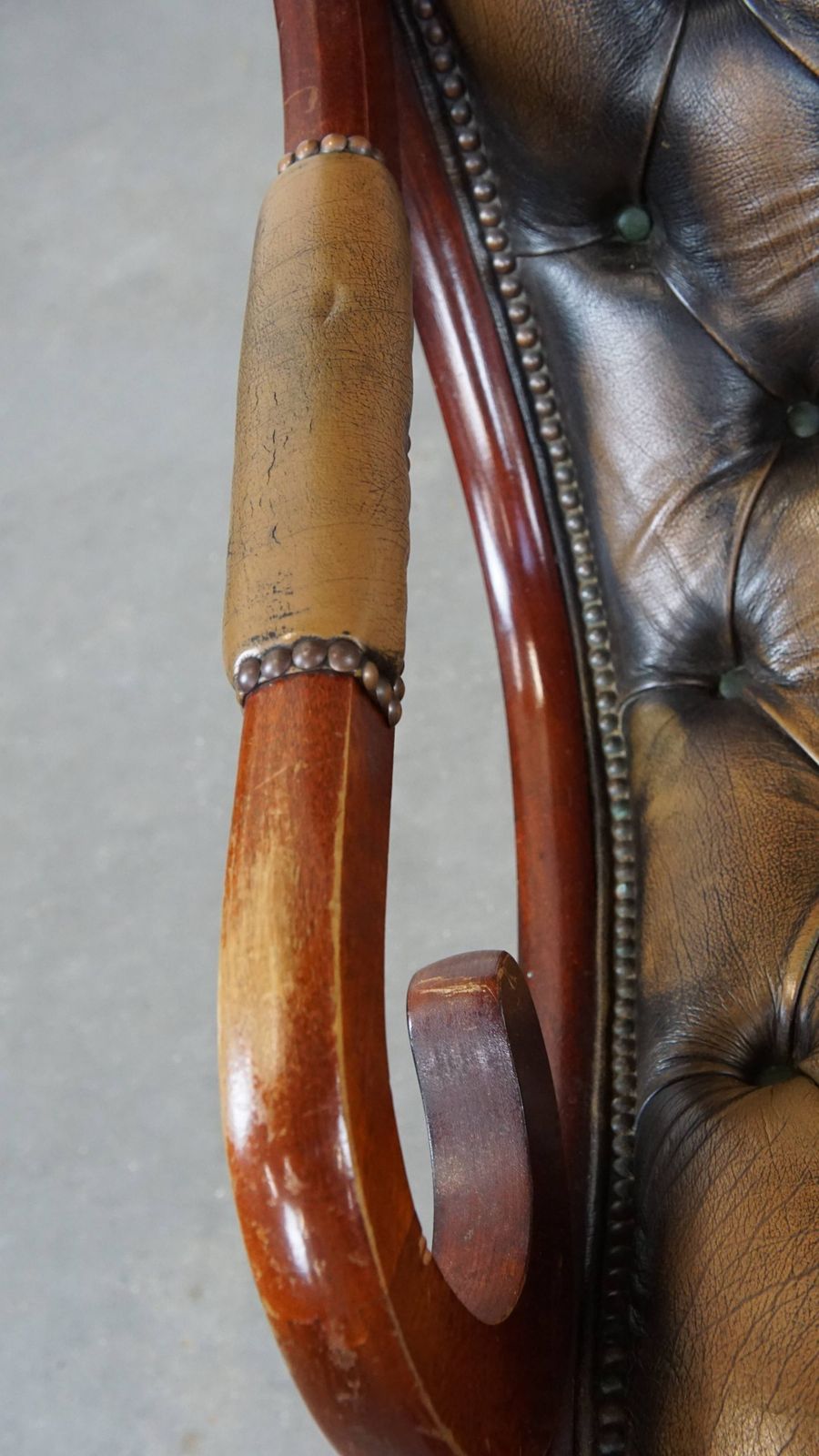 Graceful And Characterful Green Vintage Cowhide English Chesterfield Armchair Combined With Wood photo buy