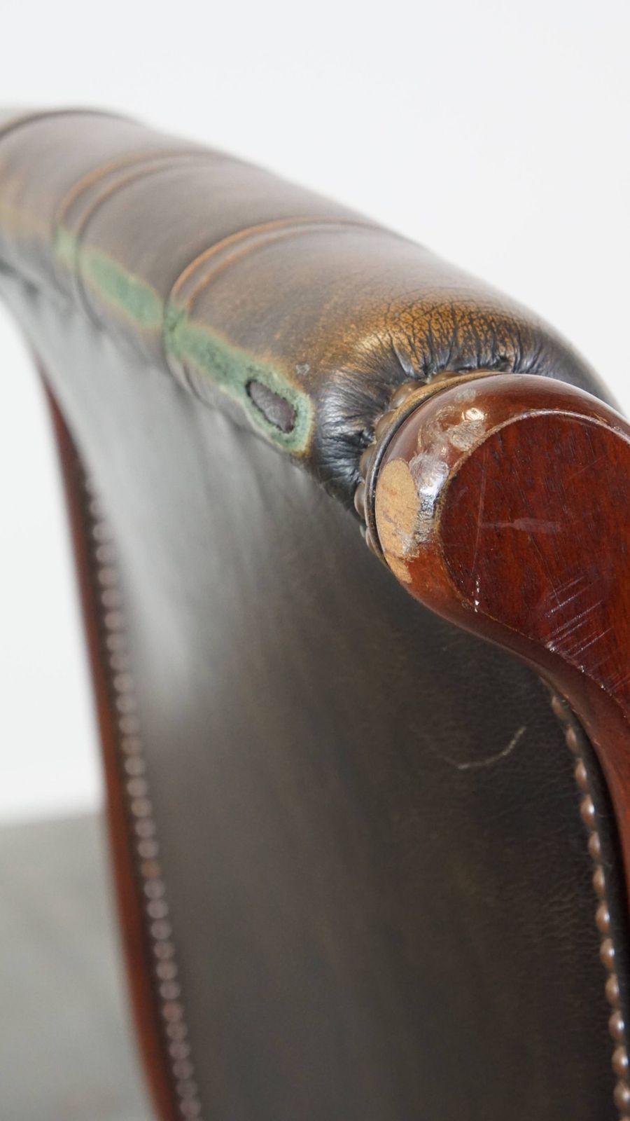 photo for sale Graceful And Characterful Green Vintage Cowhide English Chesterfield Armchair Combined With Wood