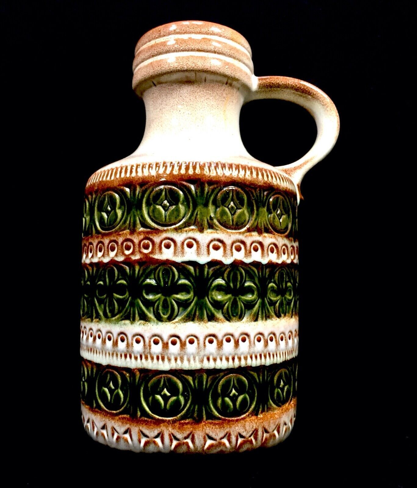 Vintage West German Pottery Fat Lava Vase / Jug Green & Cream 1970s / Large