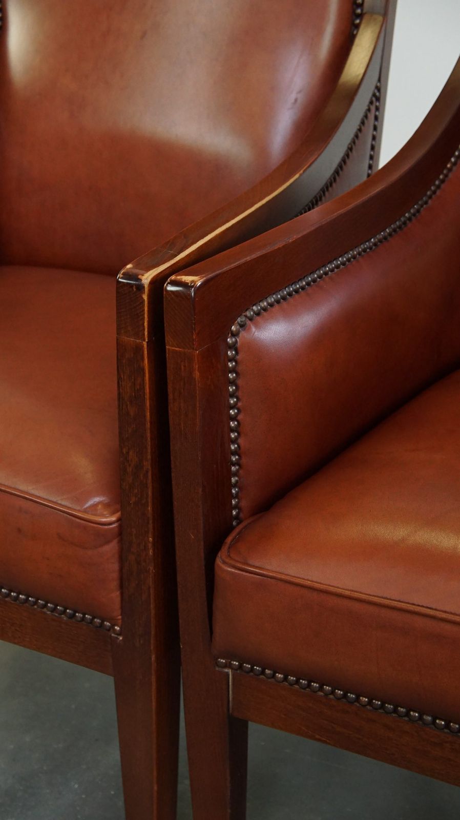 photo for sale Stately, Luxurious Set Of 2 Cognac Colored Cowhide Art Deco Design Armchairs
