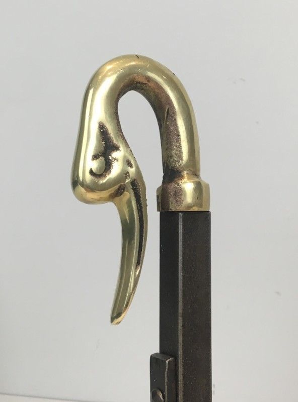In The Style Of Maison Jansen. Pair Of Iron And Brass Andirons With Duck Heads. photo buy