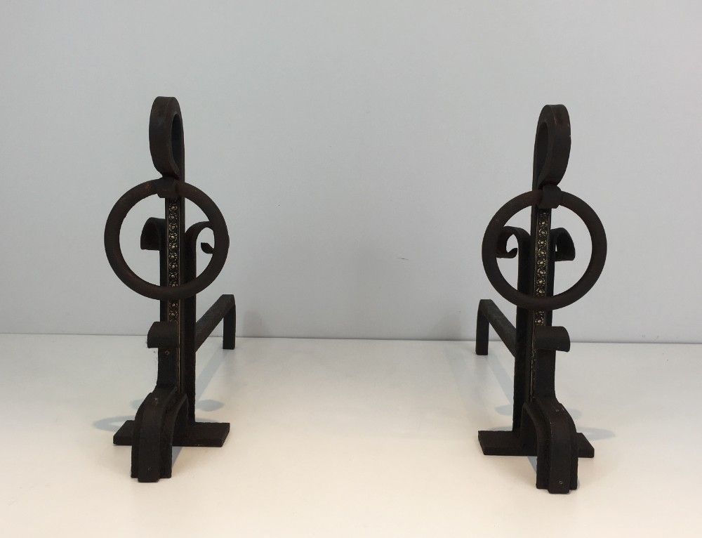 Pair Of Arts & Crafts Wrought Iron And Brass Andirons. photo furniture
